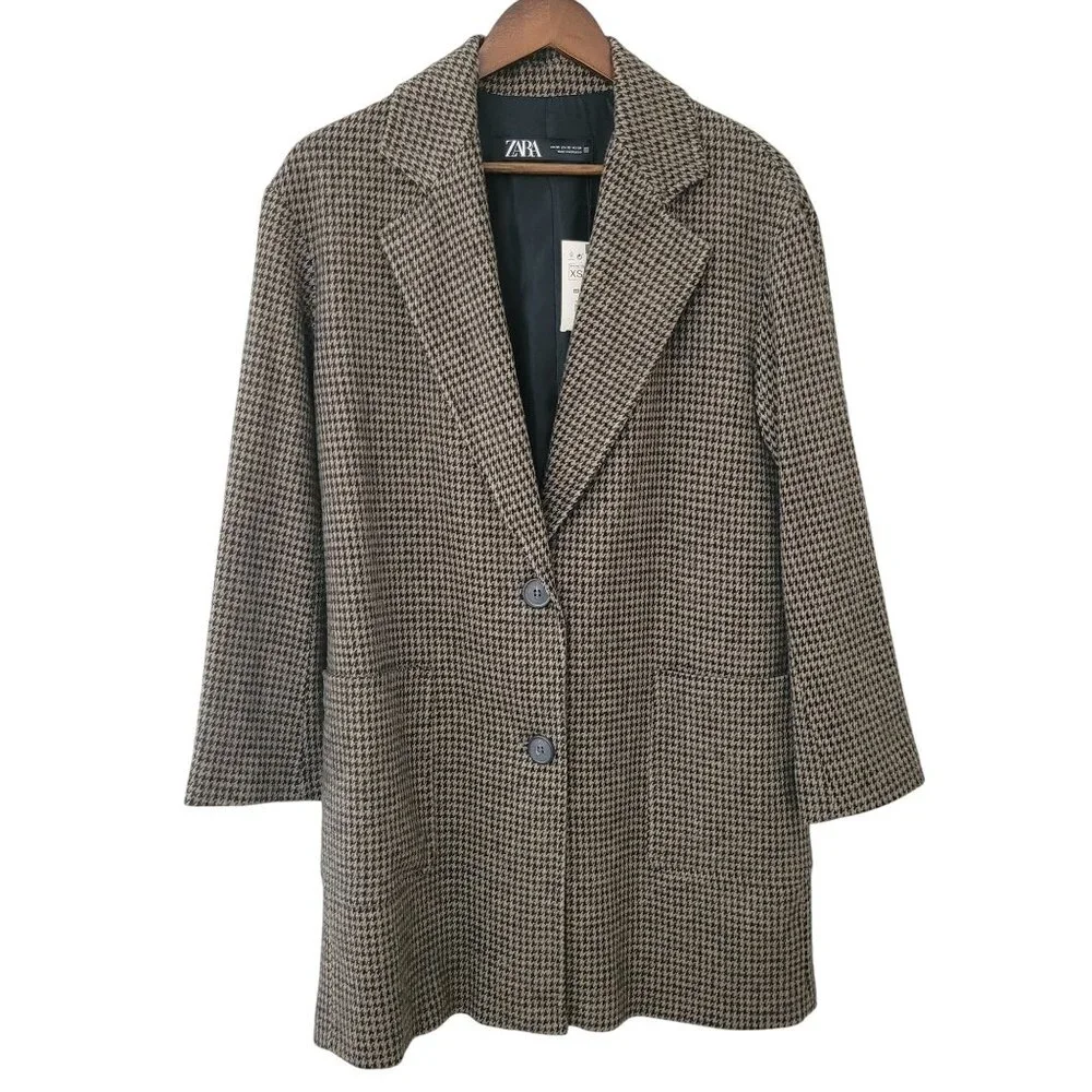 Zara Single Breasted Houndstooth Blazer Sports Coat Jacket Size XS Brown NWT - Picture 1 of 8